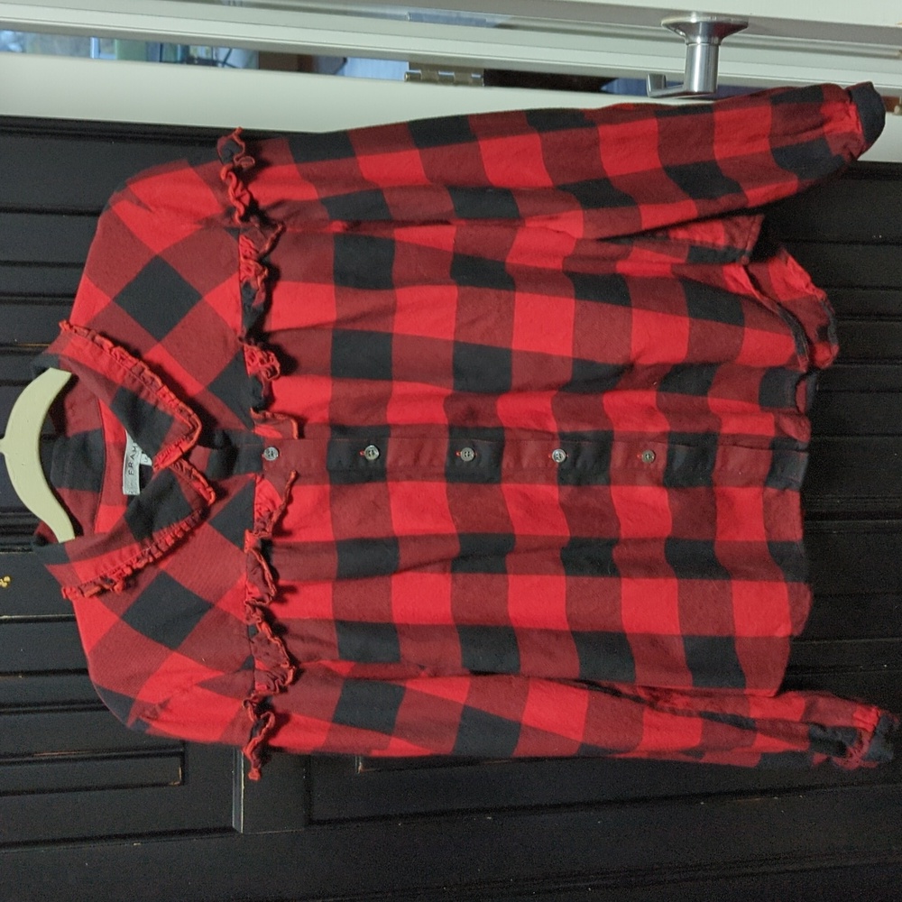 Frame buffalo plaid ruffle flannel shirt L